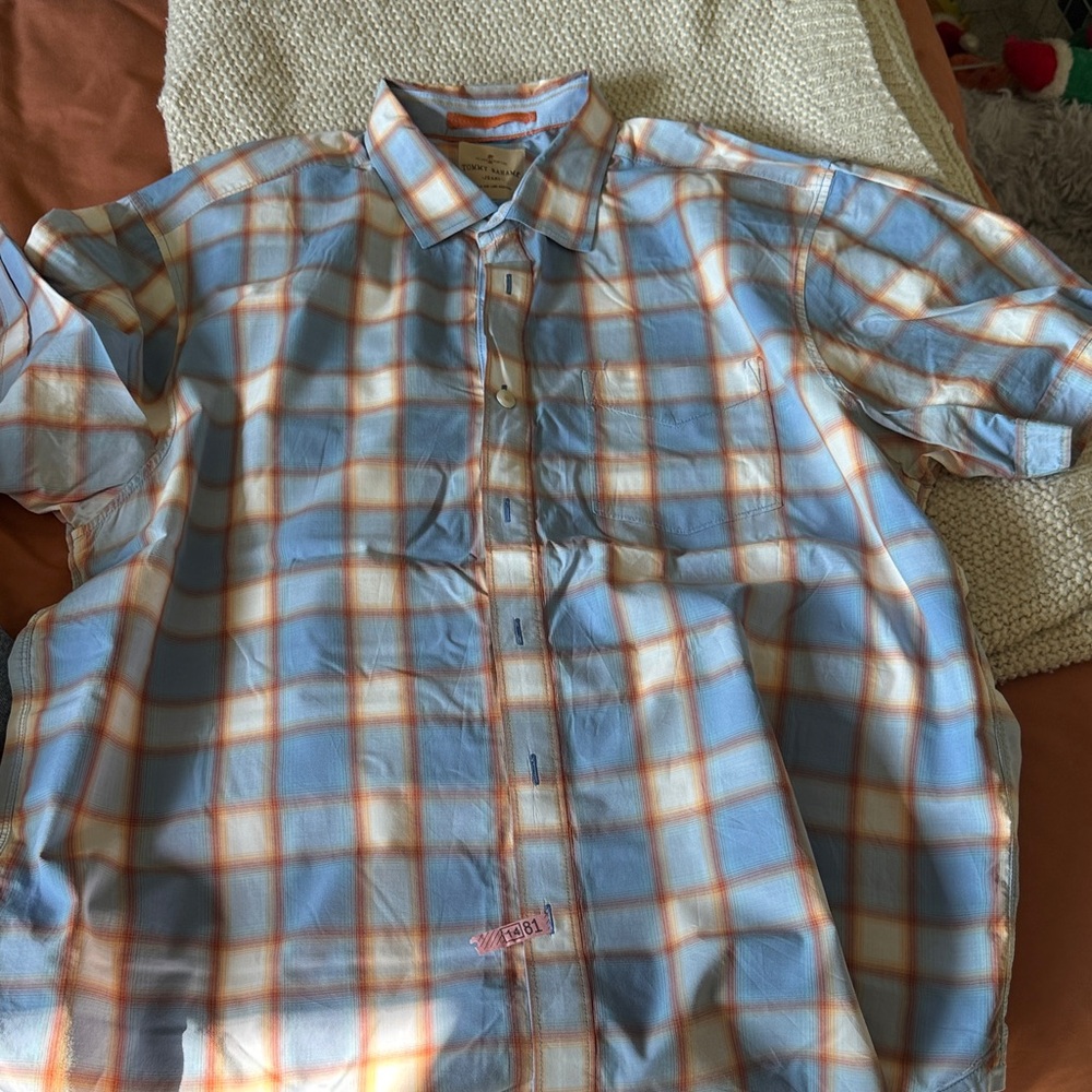 Tommy Bahama Men's Blue and Orange Plaid Shirt
